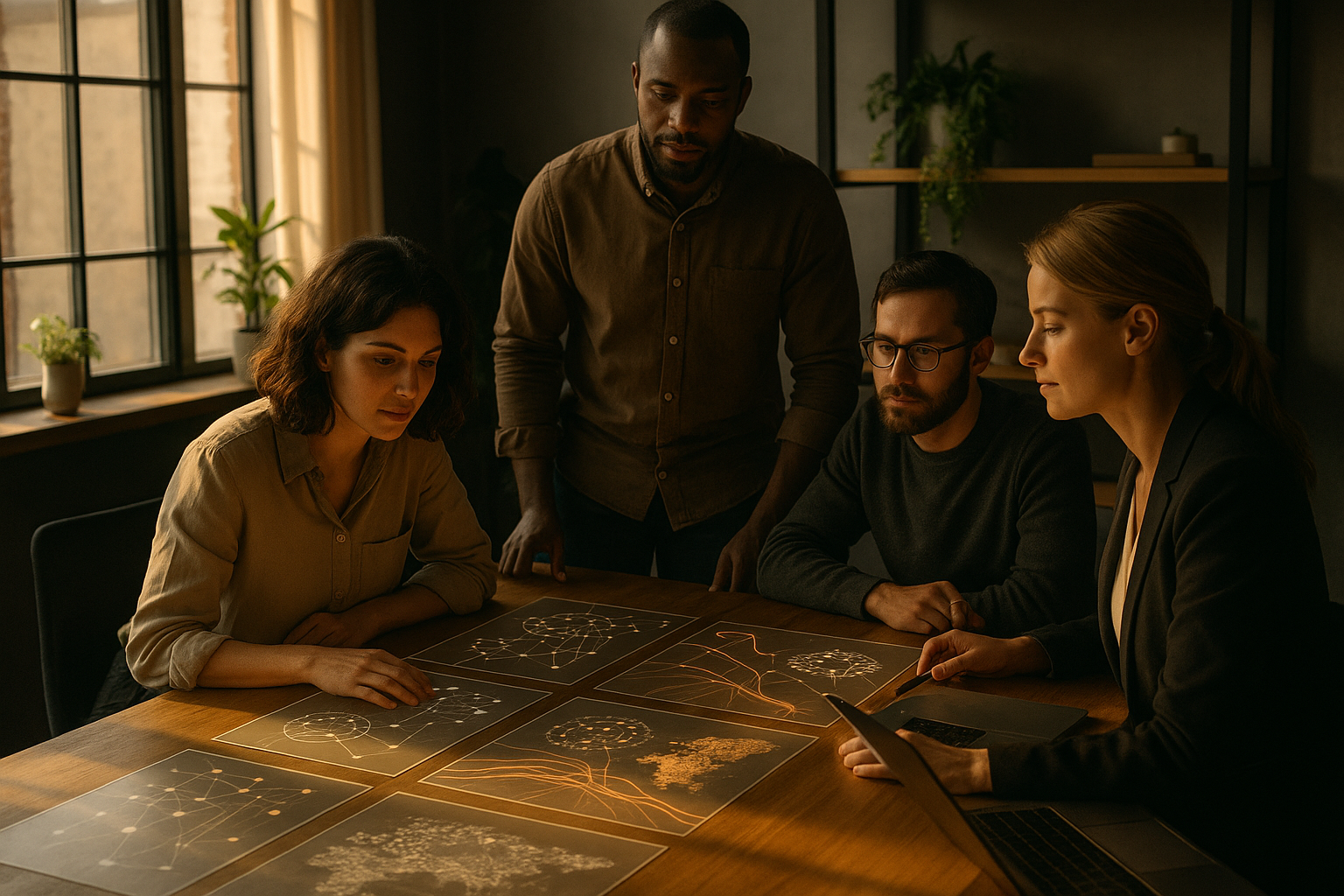 Group collaborating around a table with digital data visualizations in a modern loft.