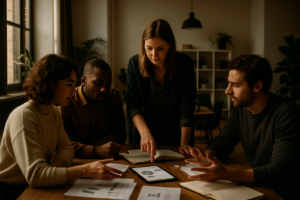 Group collaborating over charts and tablets in a modern loft with warm, natural lighting.