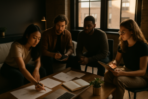 Group collaborating over sketches and devices in a modern loft with warm natural light.