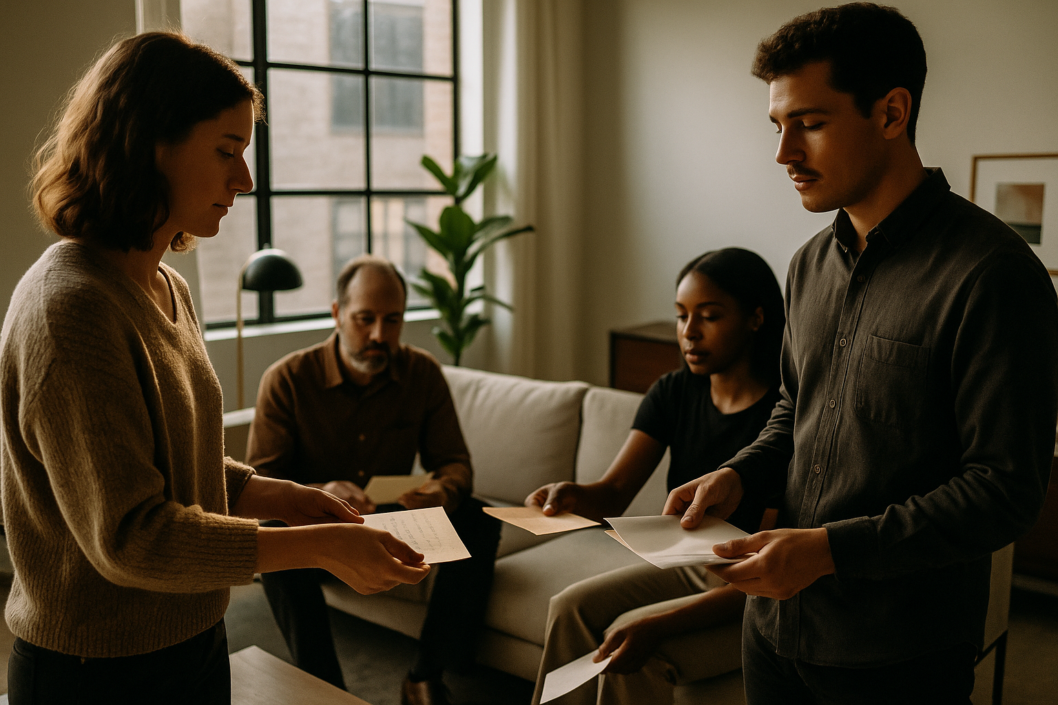 Group exchanging handwritten notes in a modern loft with warm lighting and earthy tones.