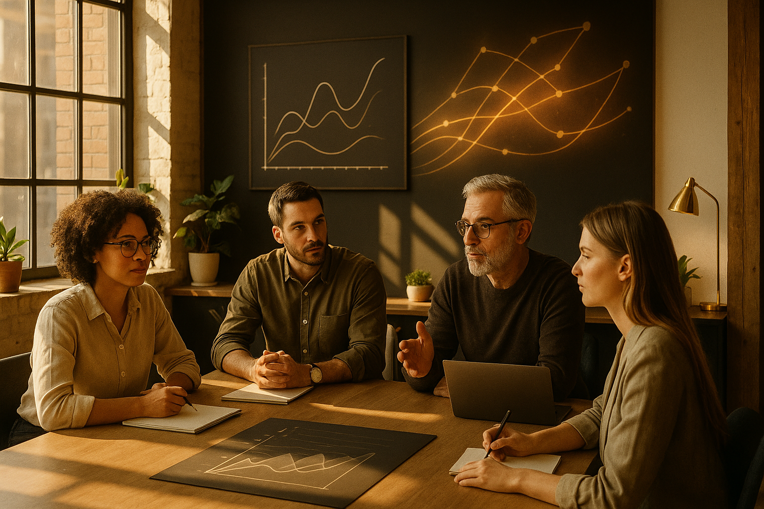 Group gathered around table in modern loft with charts, plants, and flowing light lines.