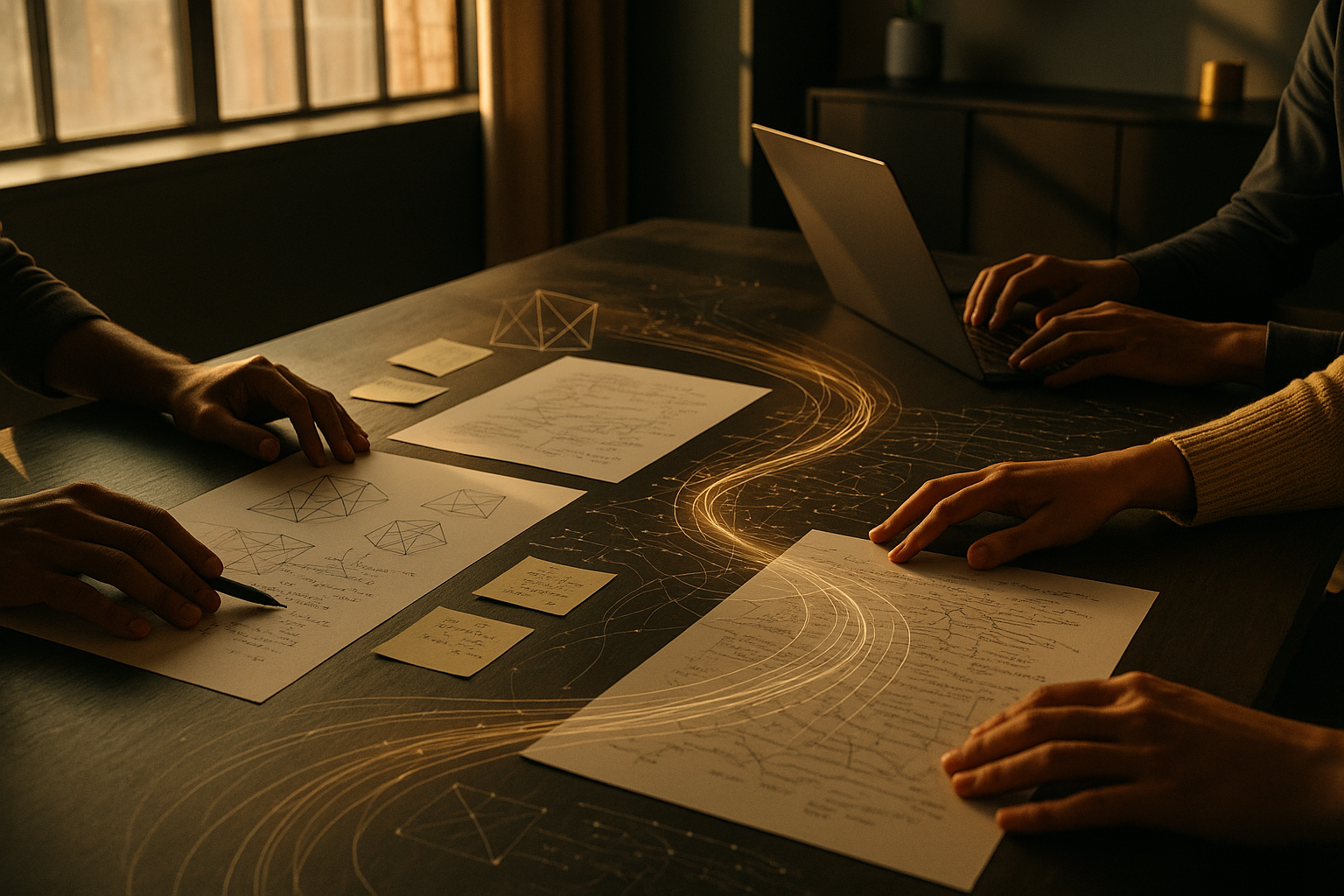 Group of hands interacting over workspace with wireframes and data streams in modern loft.