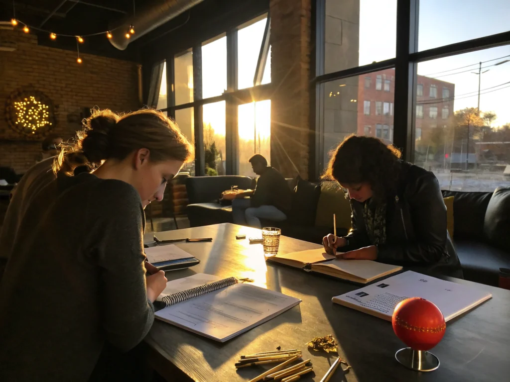 Group of people collaborating around a table with notebooks, notes, and colorful paperclips in a modern loft.