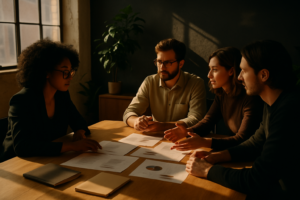 Group of people discussing charts and notes in a bright, modern co-working loft with warm tones.