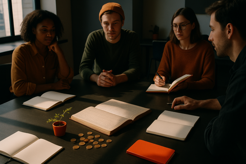 Group of people discussing financial notes in a modern, sunlit co-working space with warm accents.