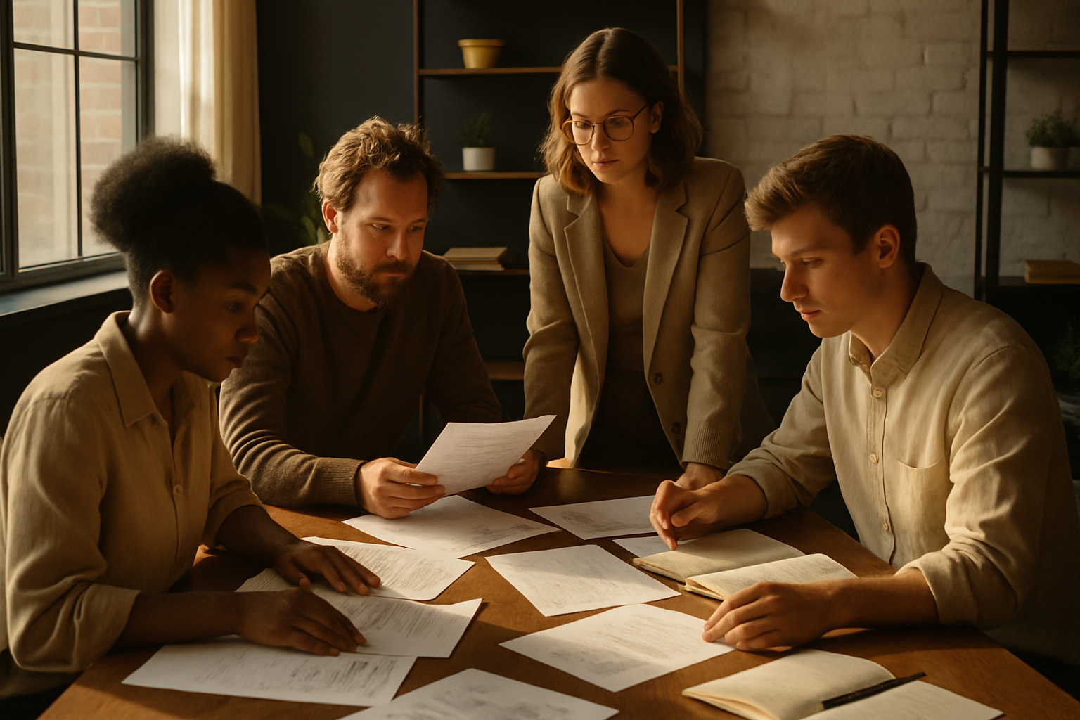 Group of people reviewing papers and notebooks in a modern, well-lit loft workspace.
