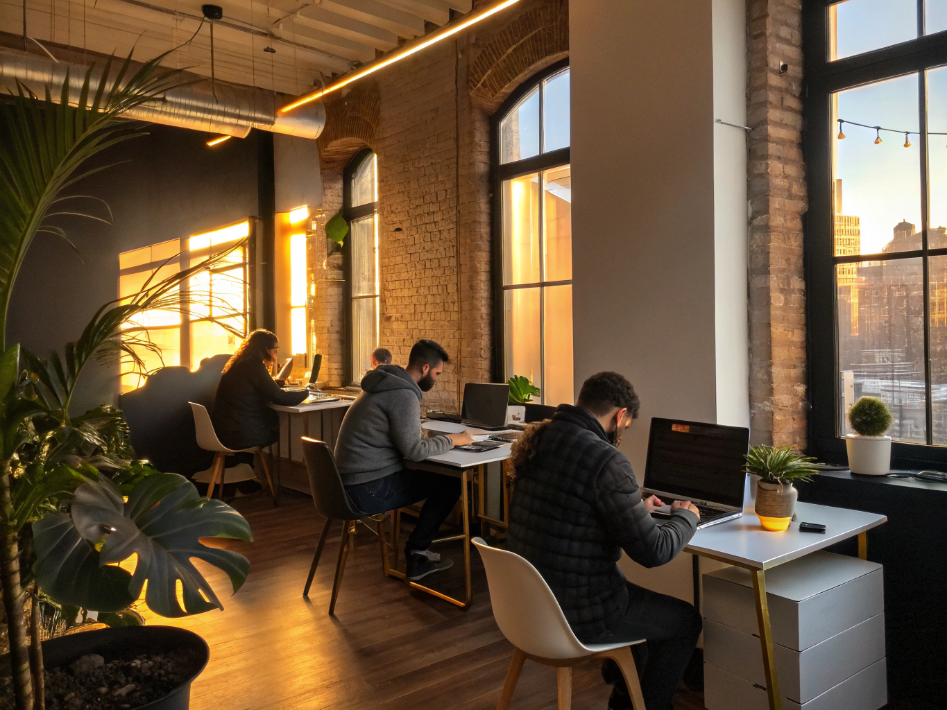 Group of professionals collaborating in a modern, sunlit co-working loft with warm tones and minimalist design.