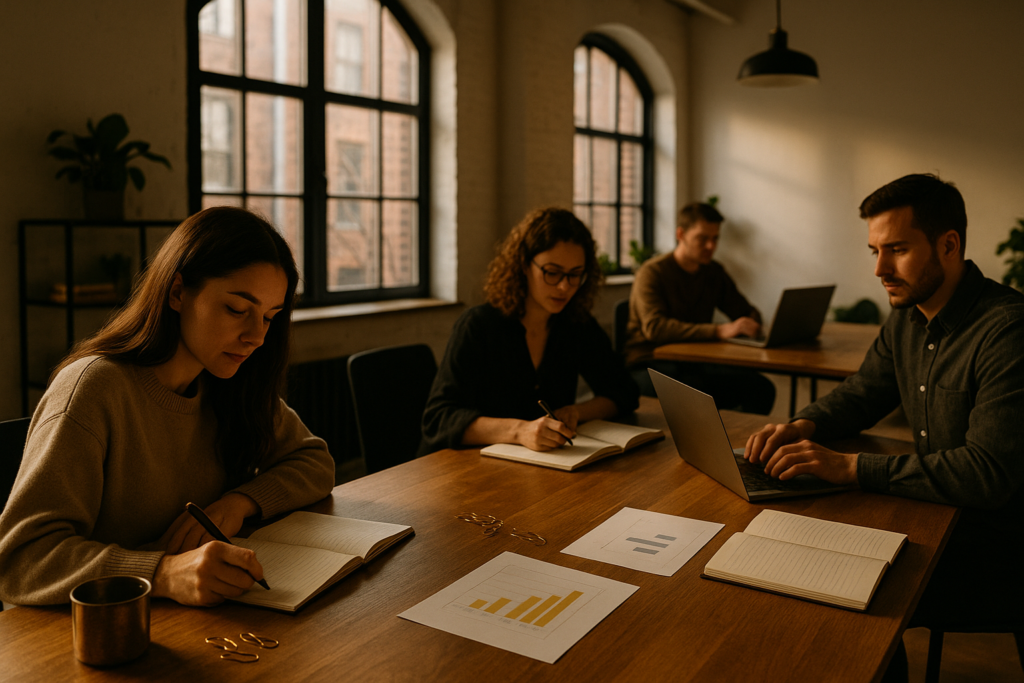Group of professionals collaborating in a modern, sunlit co-working loft with notebooks and charts.