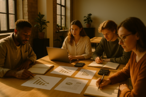 Group of professionals working with notebooks and charts in a modern, sunlit co-working loft.