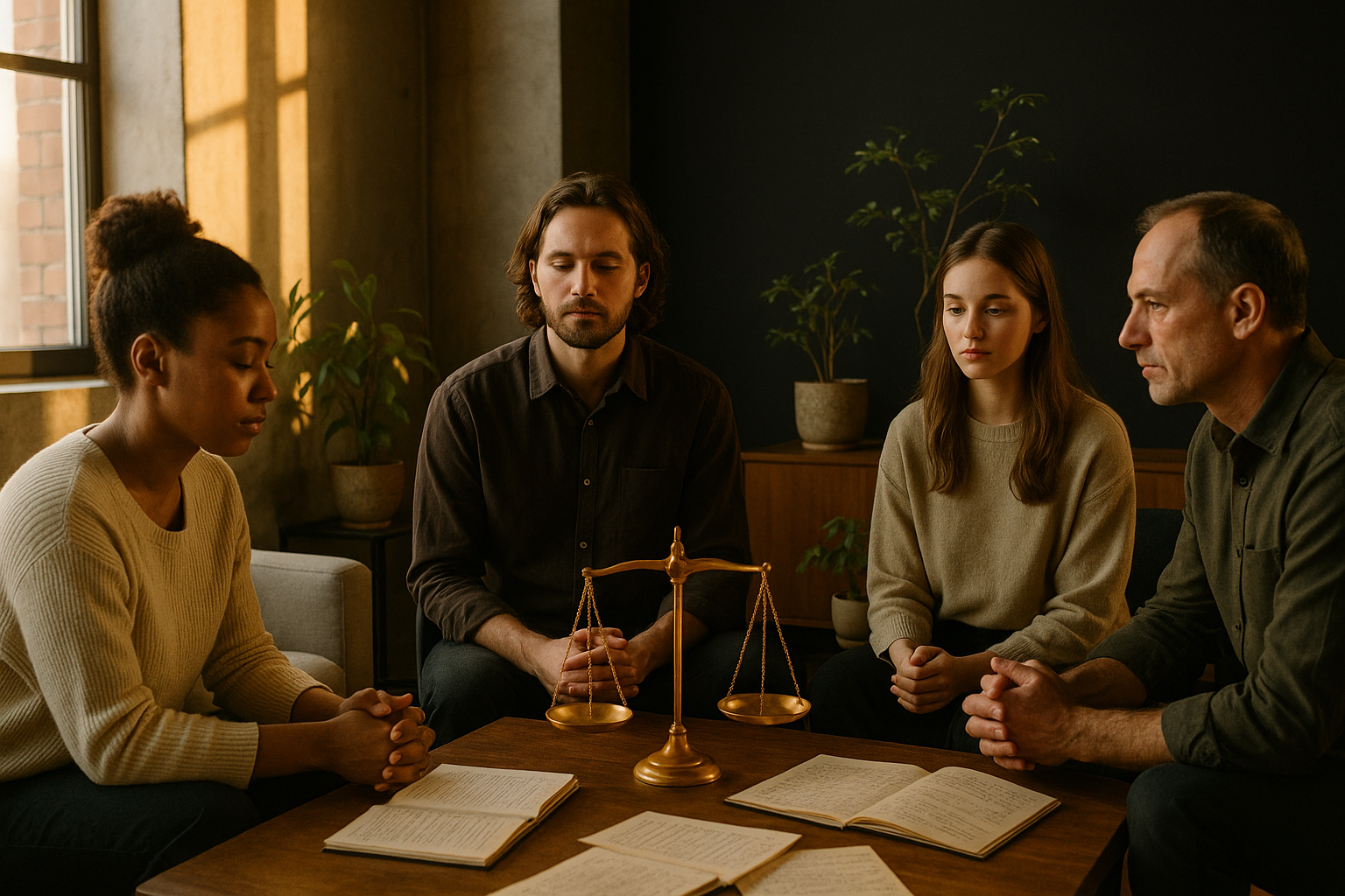 Group of thoughtful people in a modern loft with balance symbols and green plants.