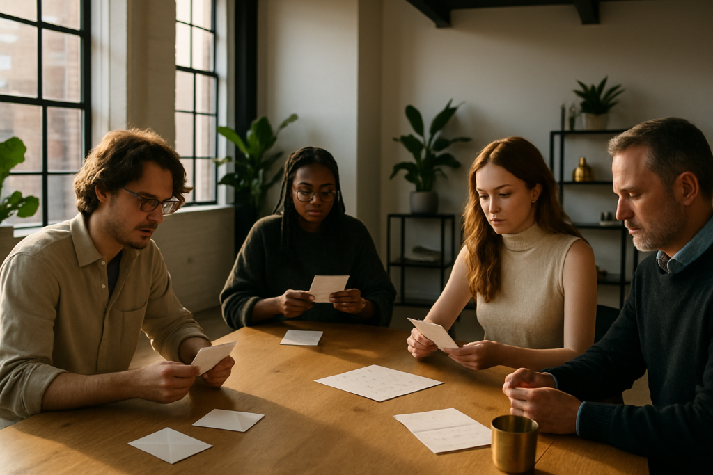 Group sharing notes around a wooden table in a modern loft with plants and gold accents.