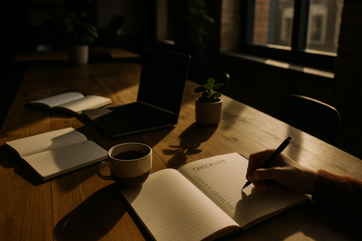 Hand writing checklist in a modern co-working loft with notebooks, laptop, and tea.