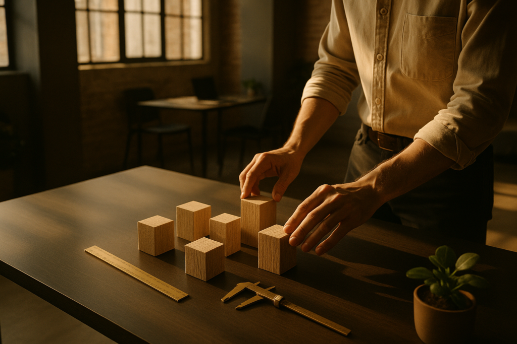 Hands arranging wooden blocks and tools on a minimalist table in a modern loft.