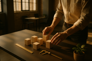 Hands arranging wooden blocks and tools on a minimalist table in a modern loft.