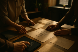 Hands collaborating over papers, notebook, and tablet in a warm, modern loft setting.
