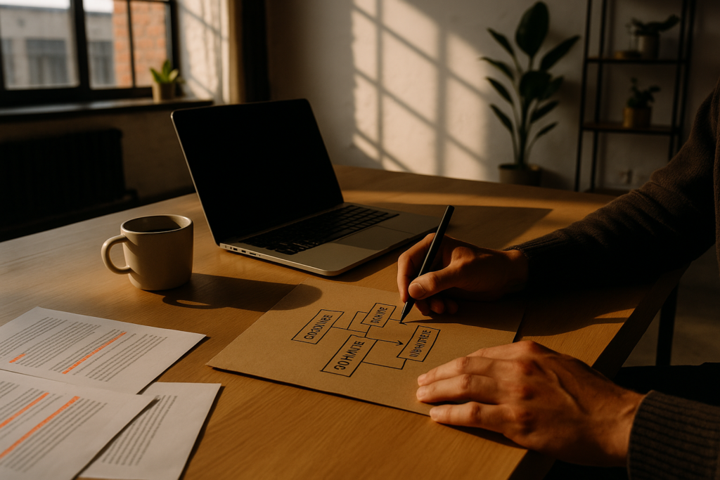 Hands sketching flowcharts and notes beside a laptop and coffee in a modern loft.