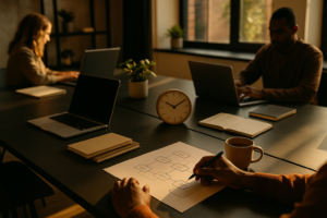 Hands sketching flowcharts near laptops and notebooks in a modern co-working loft.