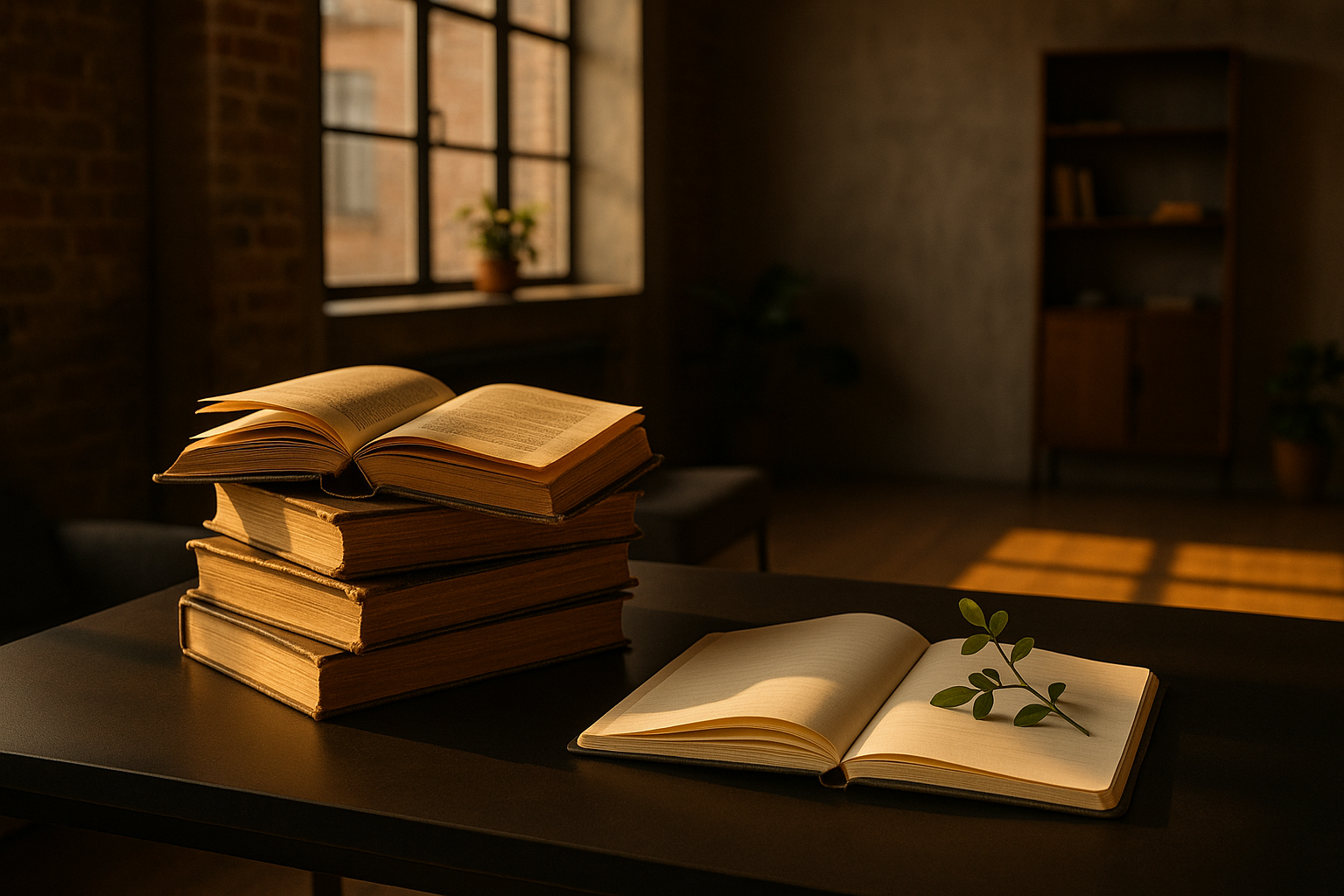 Loft interior with open books, notebook, and green plant in warm, natural light.