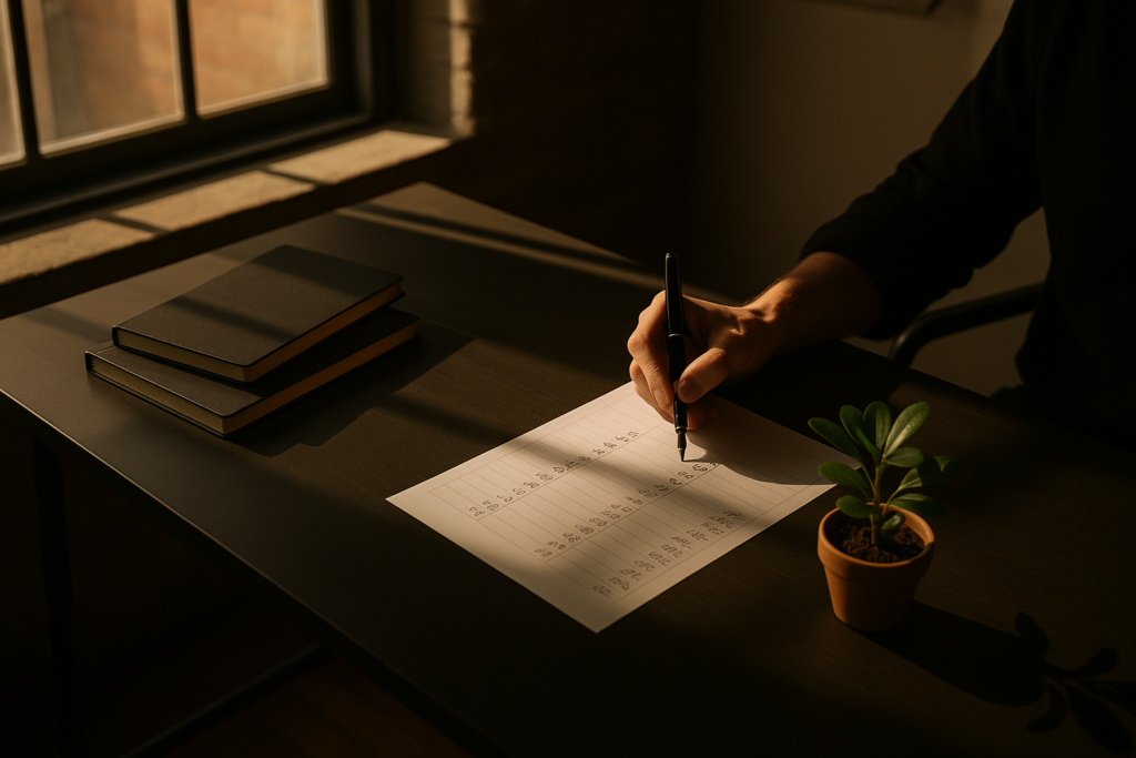 Modern co-working loft with desk, notebooks, pen, plant, and strategic focus lighting.