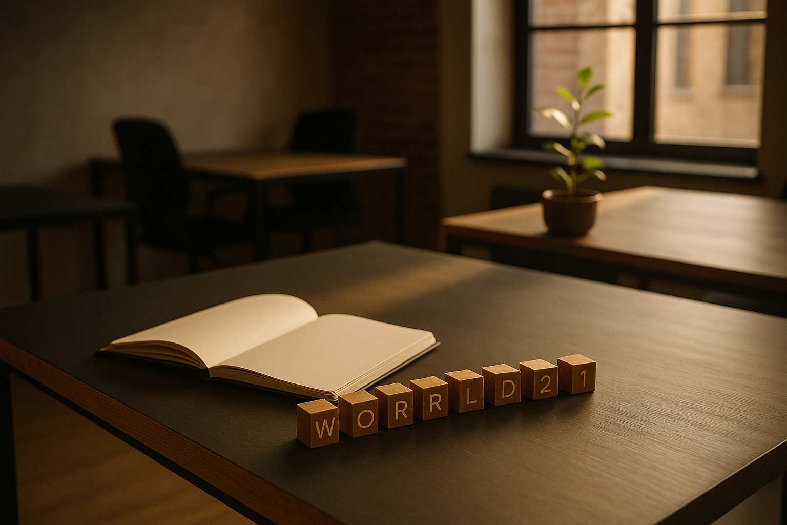 Modern co-working loft with open notebook, wooden blocks, and vibrant plant in warm afternoon light.