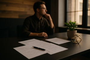 Modern workspace with notes, pen, plant, sculpture, and blurred figure in soft natural light.