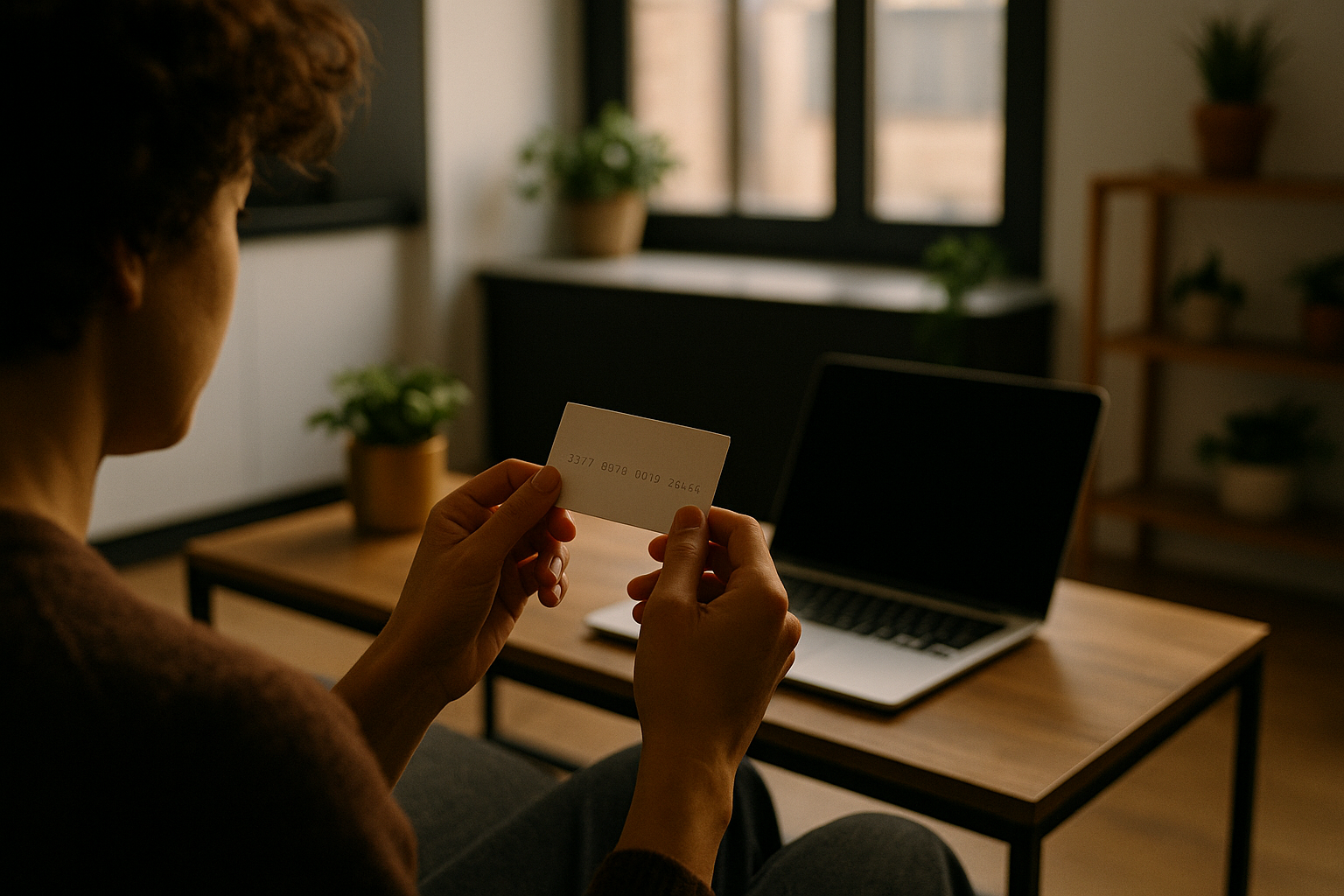 Person holding embossed paper slip near laptop in modern loft with warm lighting and greenery.