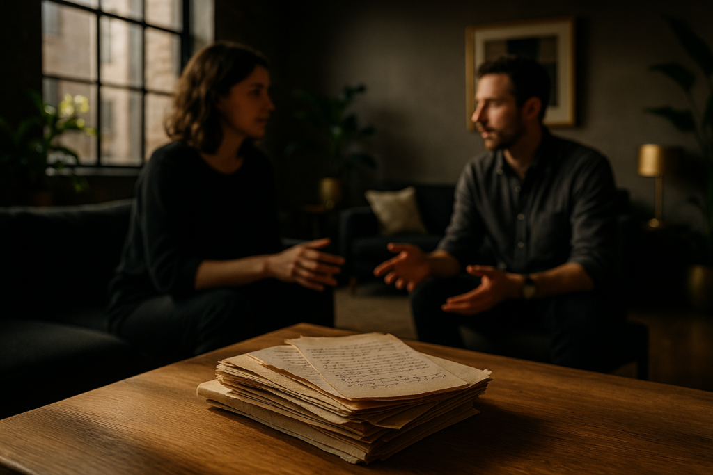 Serene loft with books, notes, and blurred figures engaging in quiet discussion.