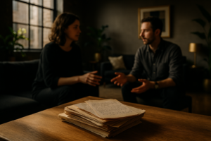 Serene loft with books, notes, and blurred figures engaging in quiet discussion.