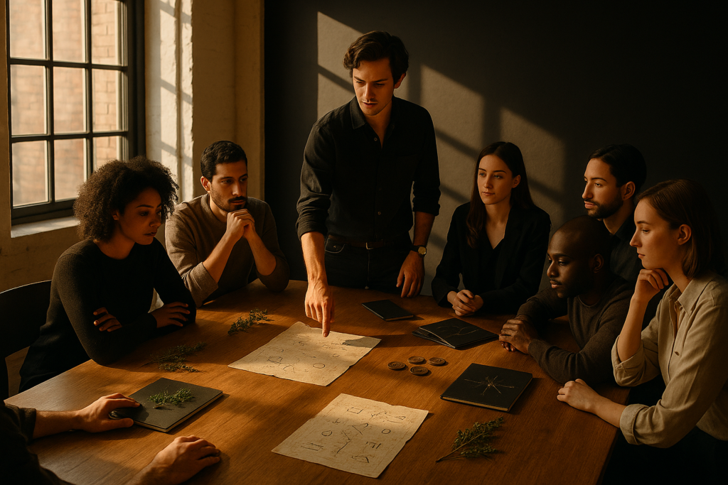 Seven people gather around a wooden table with symbols and greenery in a modern loft.