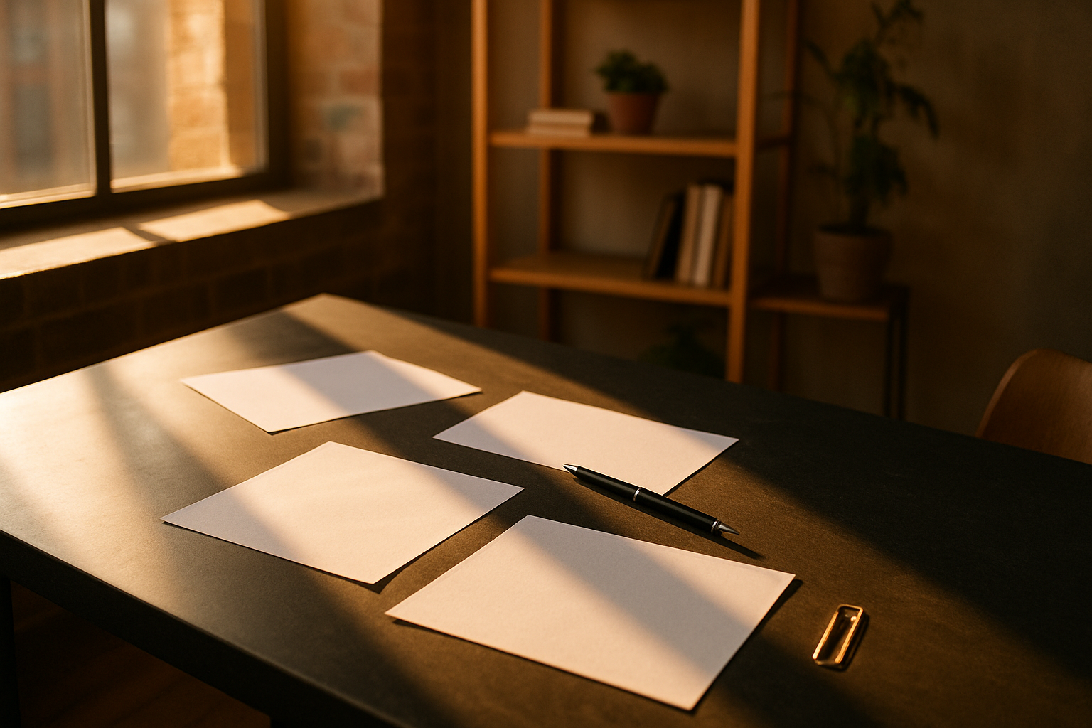 Sunlit modern loft with desk, scattered papers, floating pen, gold paperclip, greenery, natural light.