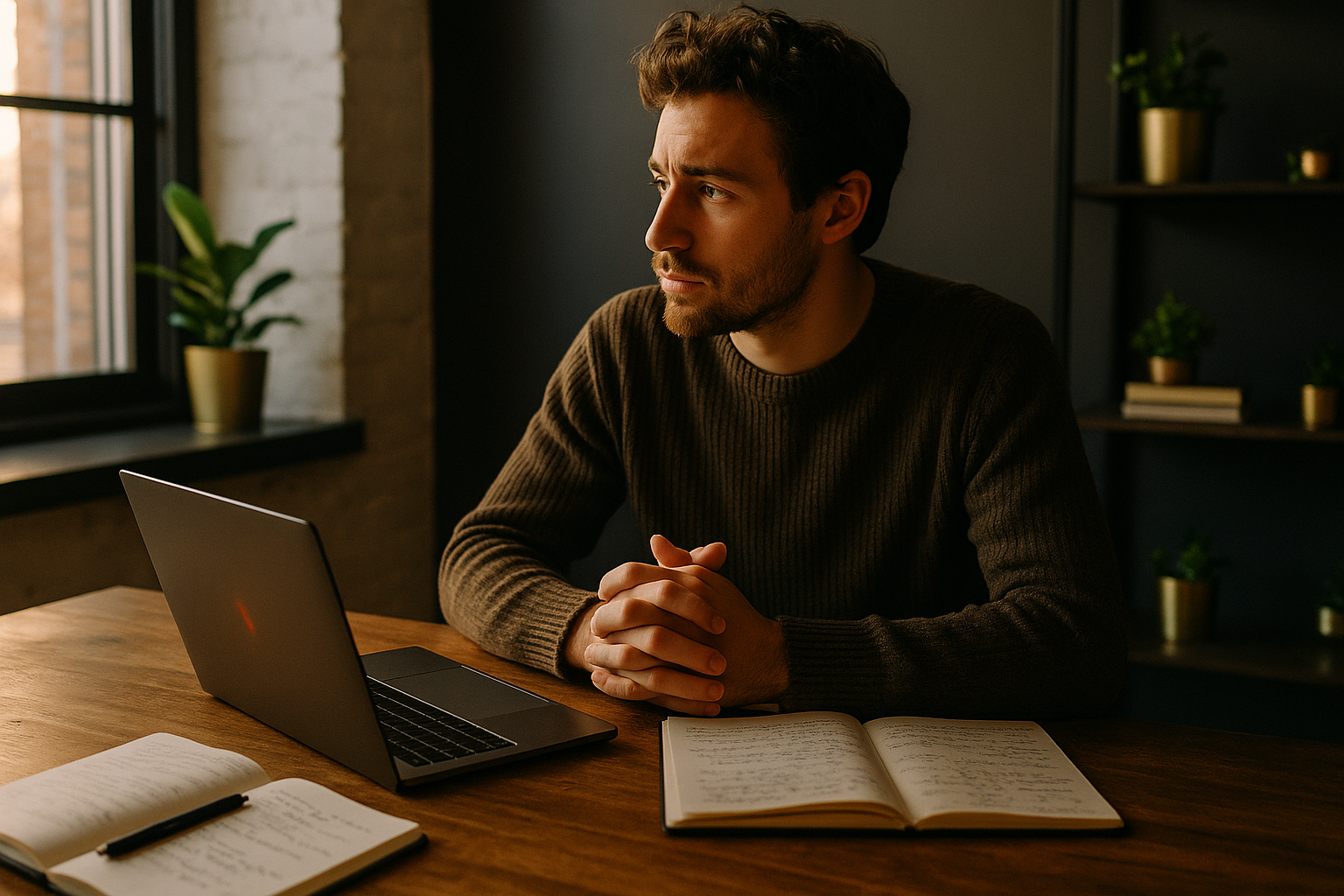 Thoughtful person in modern loft with notebooks, laptop, and symbolic connection gestures.
