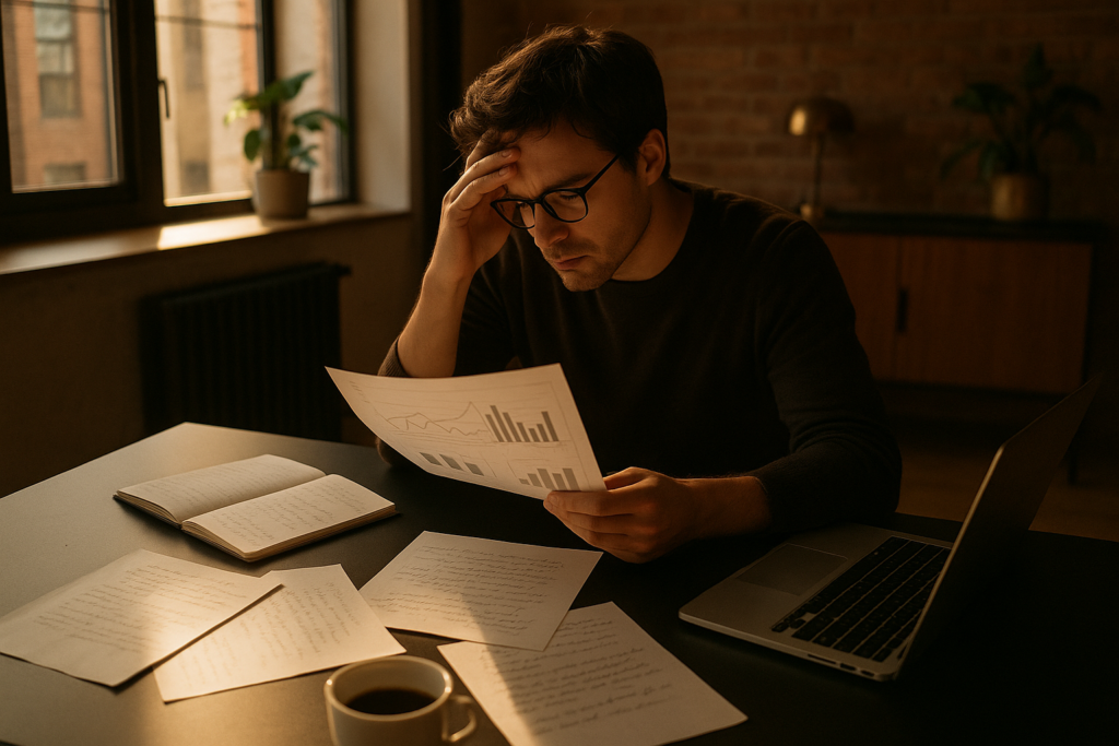 Thoughtful person reviewing charts amid notes and laptop in a modern loft.