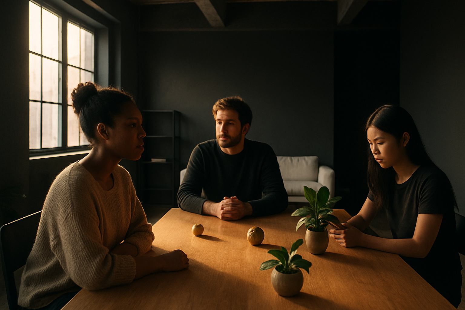 Three diverse people sit around a wooden table in a sunlit modern loft with plants and minimalist decor.