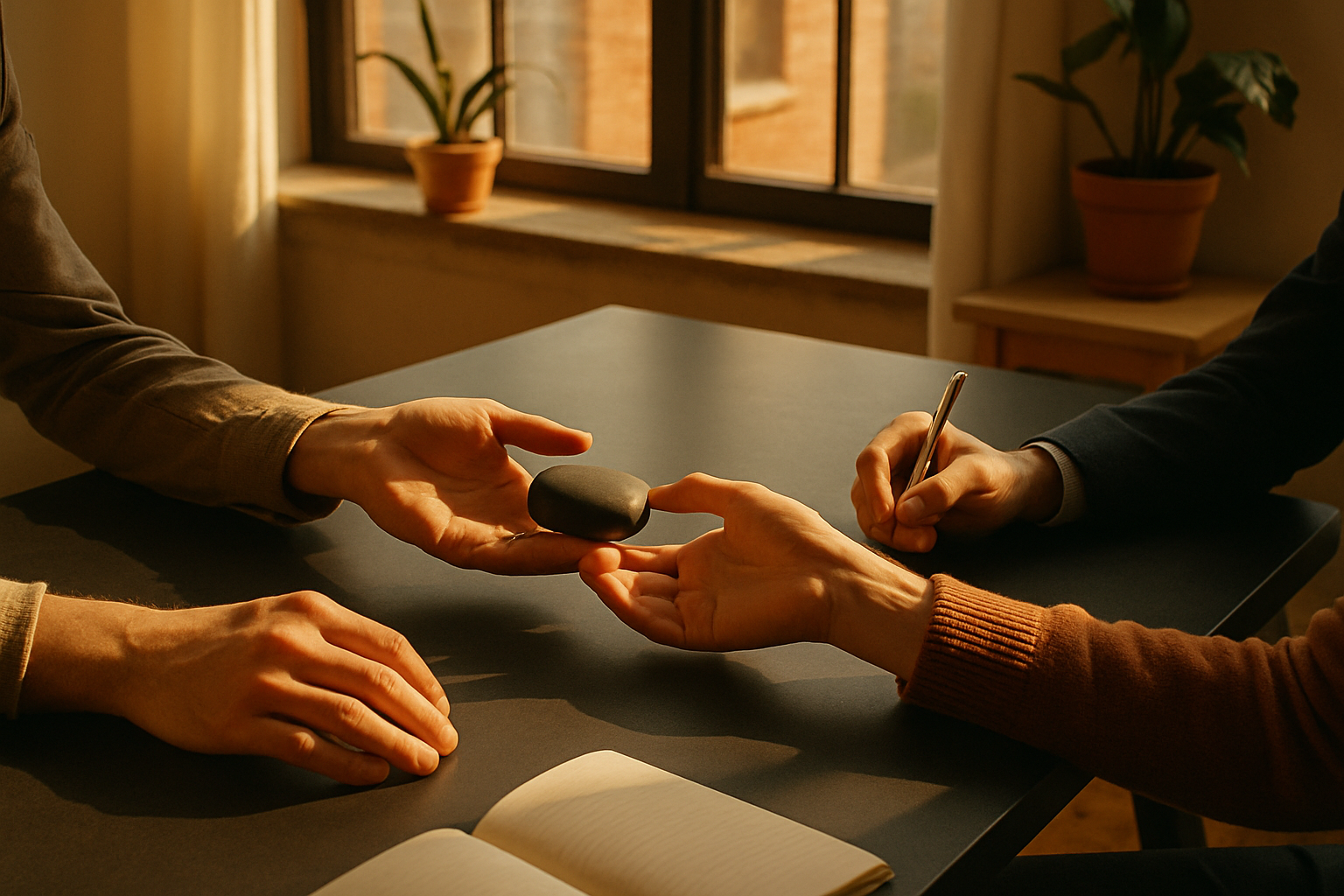 Three hands exchange a black stone and hold a gold pen on a modern table in a bright loft.