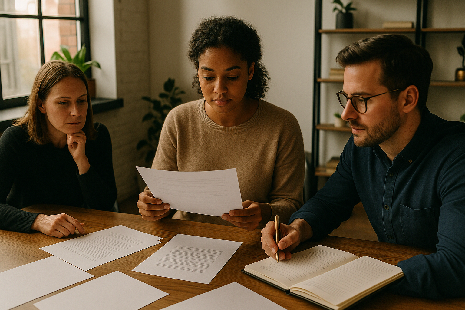 Three people review papers and notes in a modern, sunlit co-working loft with gold accents.