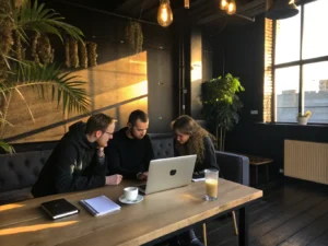 Three people working at a minimalist wooden table in a modern loft with natural light and plants.