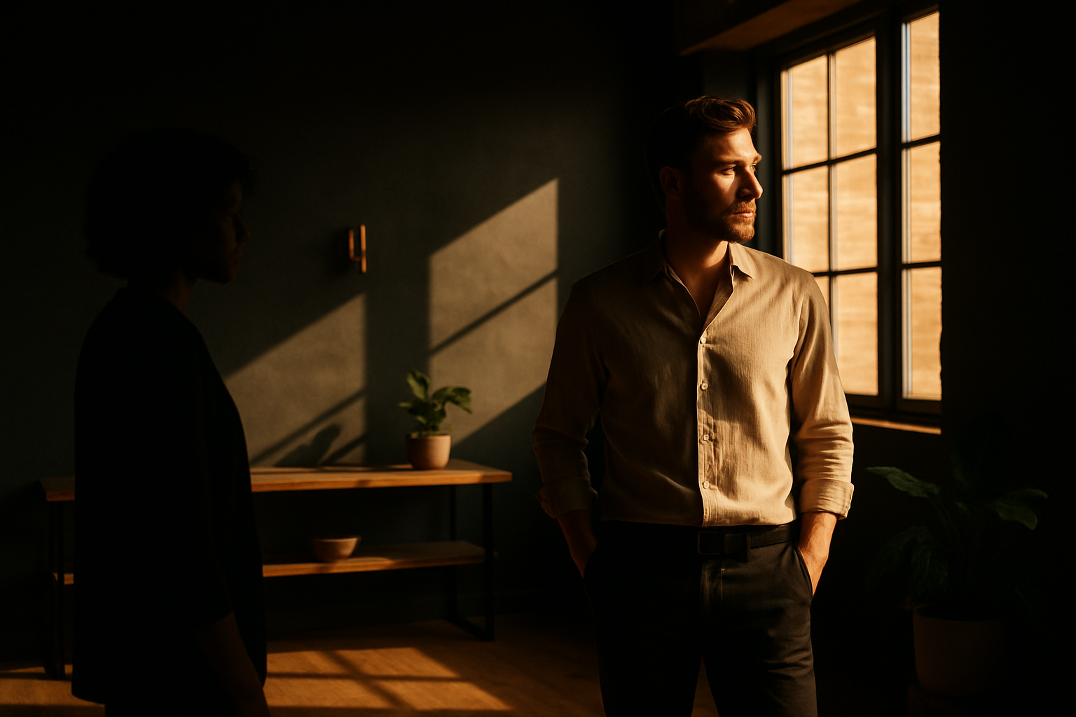 Two relaxed figures in a modern loft with warm lighting, contrasting light and shadow.