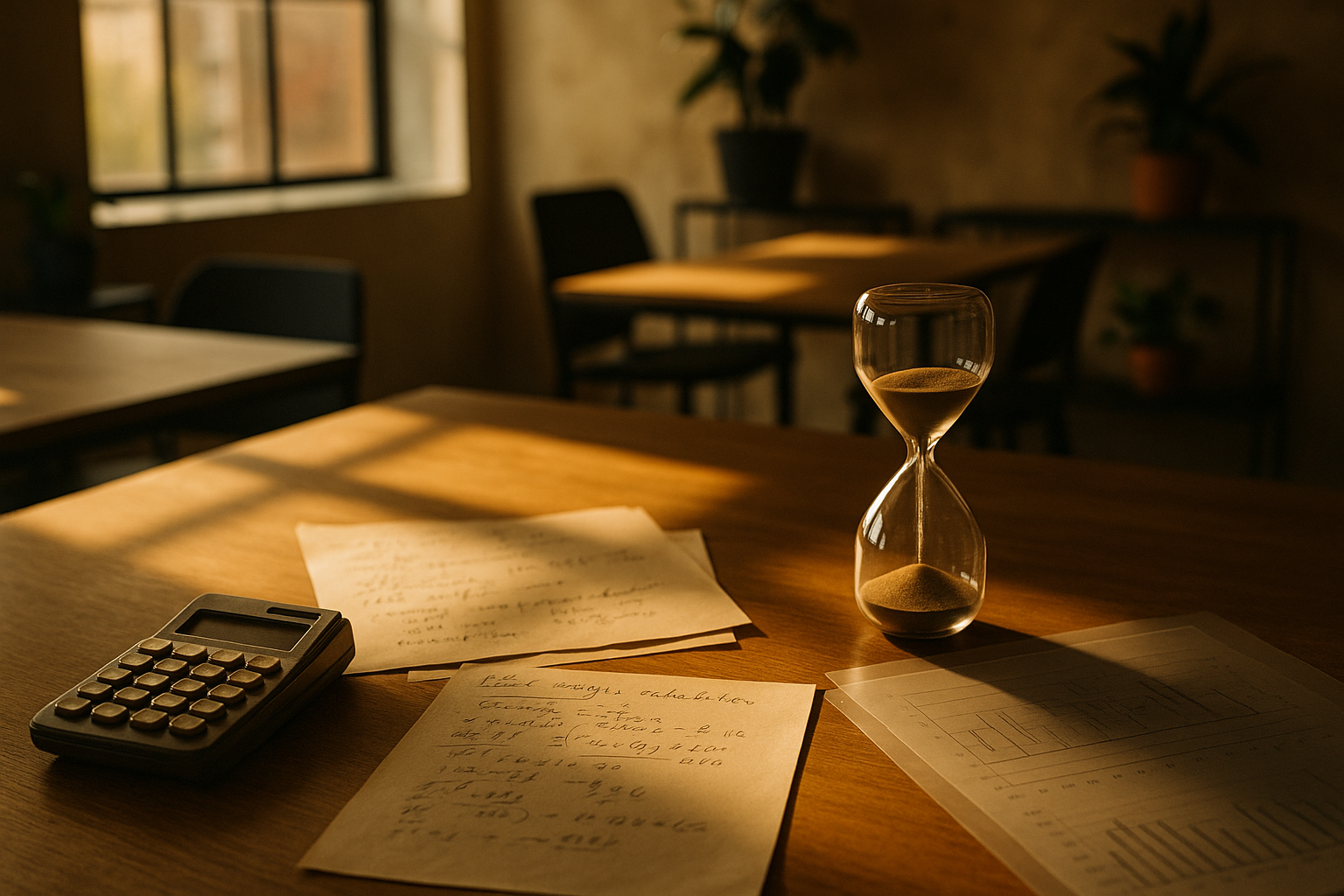 Candid co-working loft scene with notes, calculator, hourglass, and transparent sheets in warm light