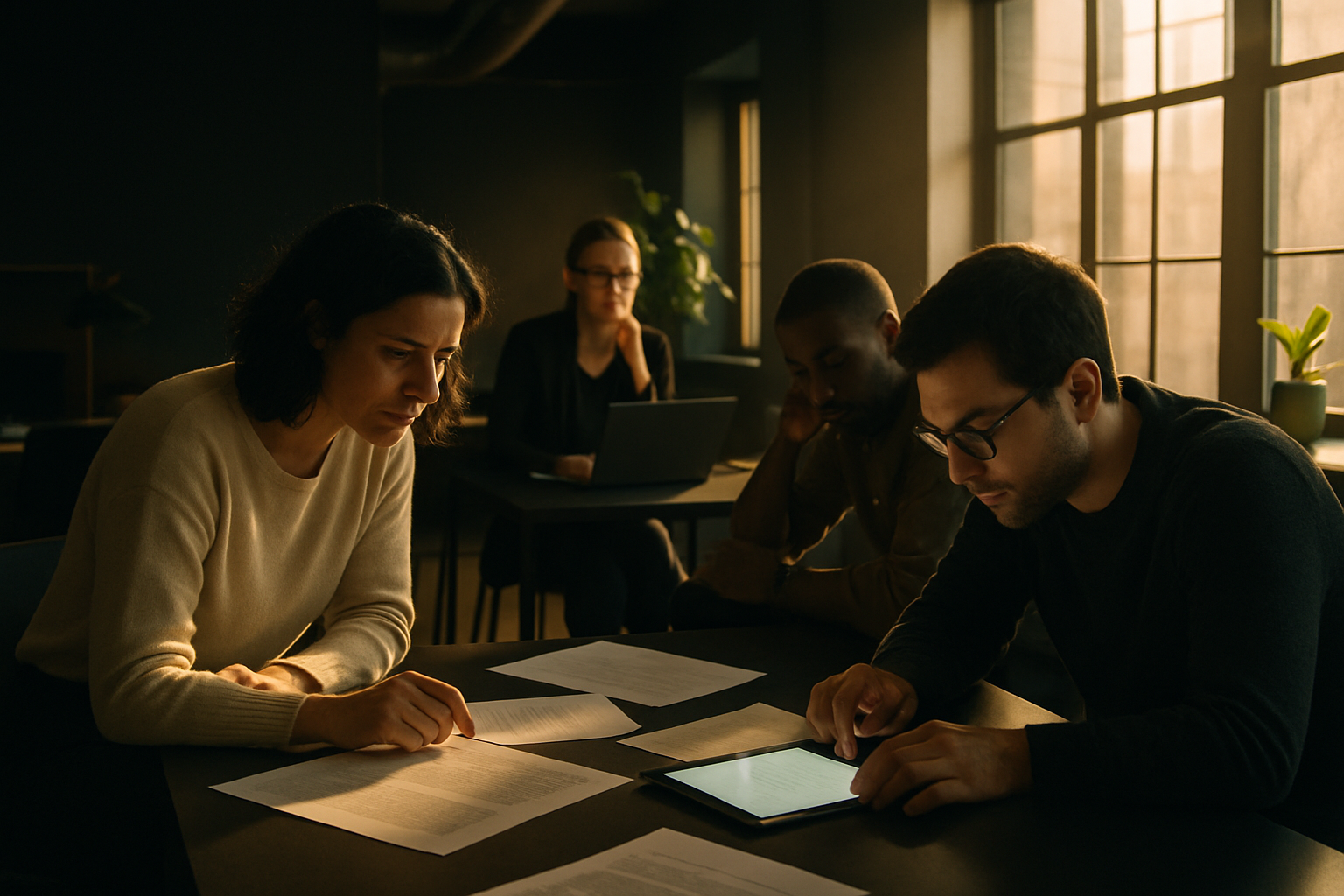 Candid co-working loft scene with people collaborating amid papers and tablets in warm afternoon light.