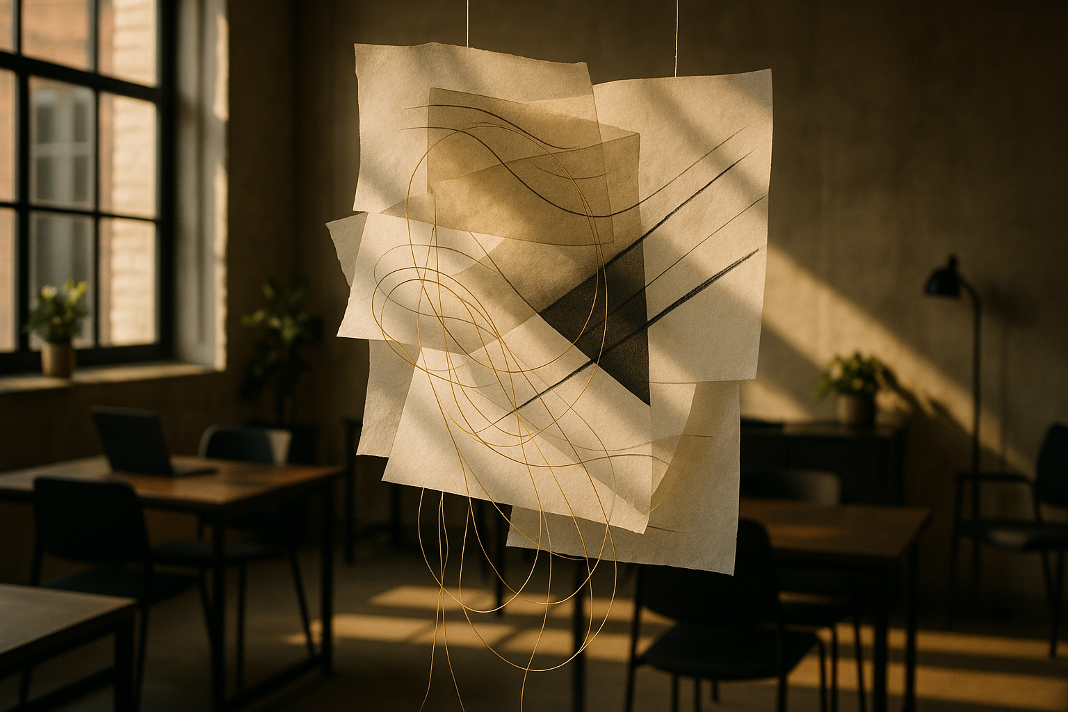 Candid co-working loft with layered translucent papers and golden threads symbolizing fee complexity.