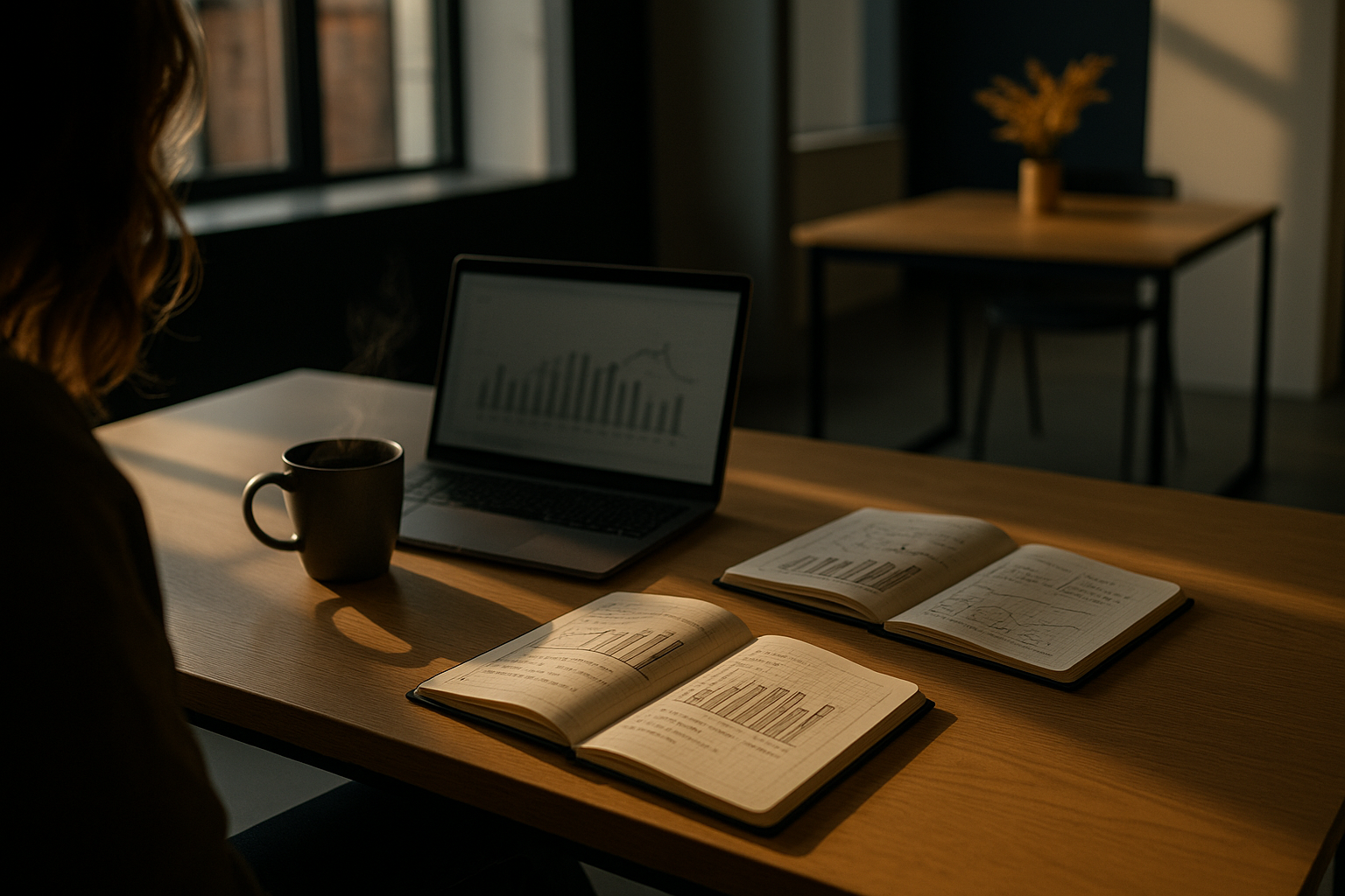 Candid co-working loft with notebooks, steaming cup, glowing laptop, and natural light.