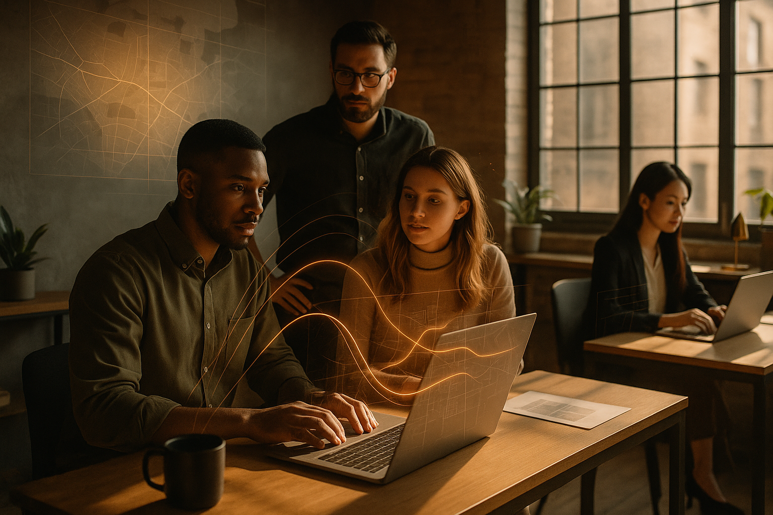 Candid co-working loft with people collaborating amid abstract digital and route visuals in warm light.