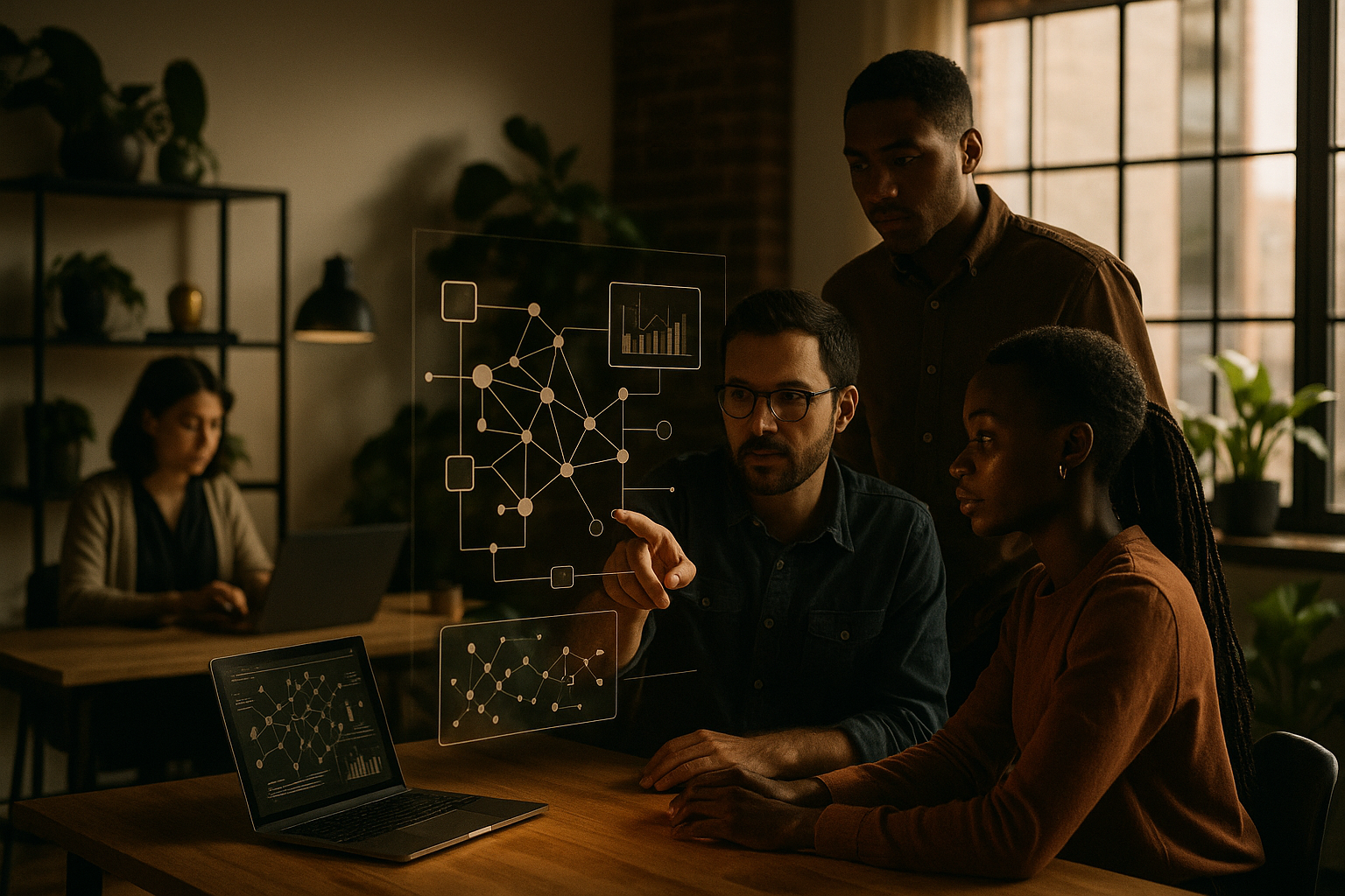 Candid co-working loft with people collaborating around digital interfaces and data visualizations.