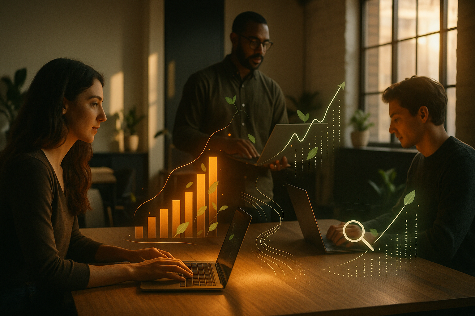 Candid co-working scene with people analyzing glowing digital charts and abstract data visuals.