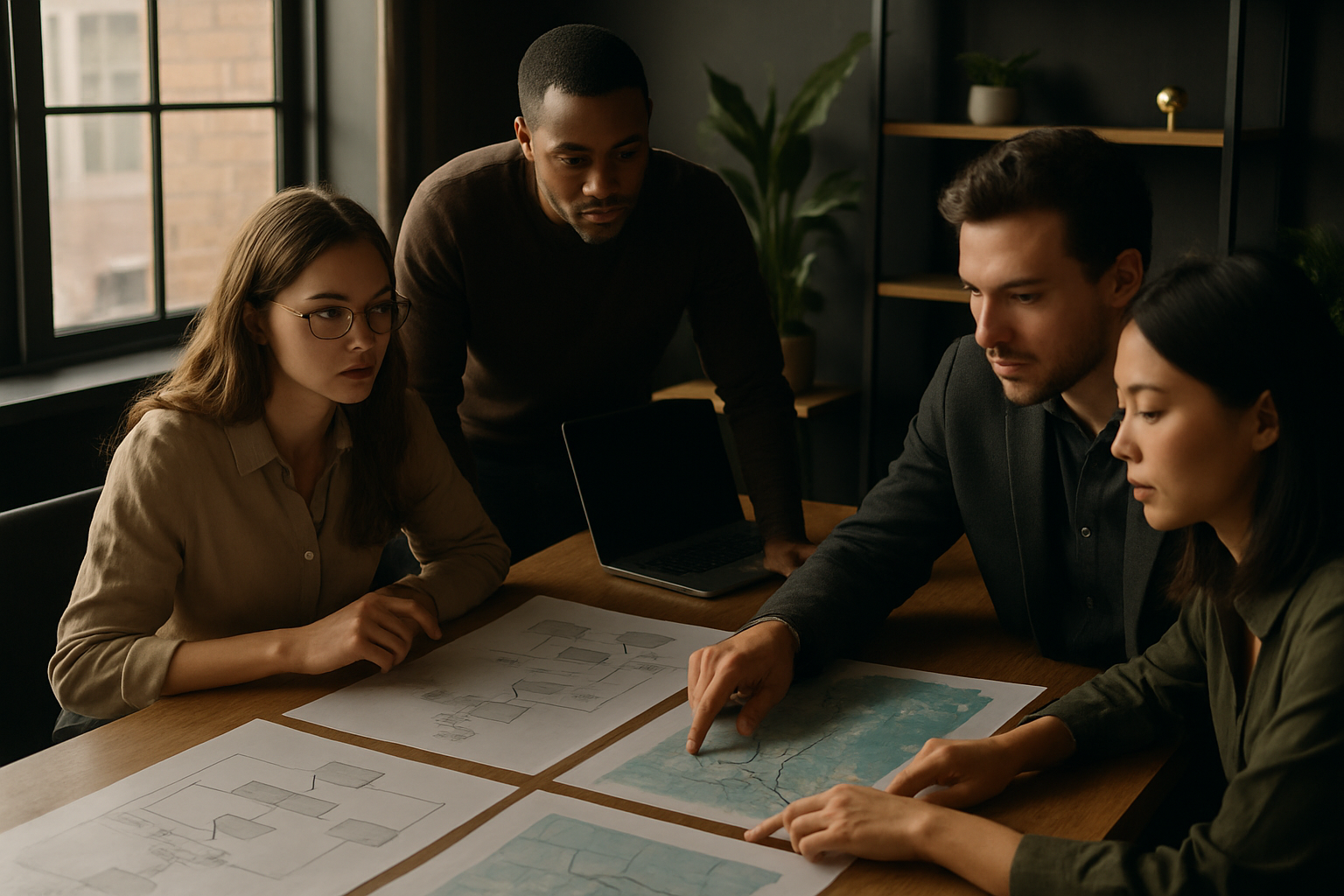 Candid group collaborates over flowcharts and digital maps in a modern, warmly lit co-working loft.
