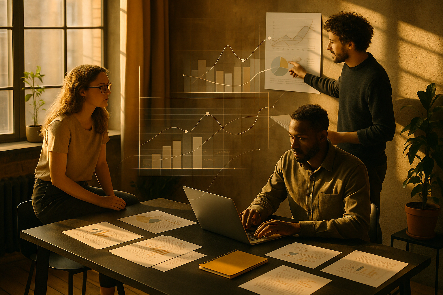 Candid group collaborating in modern loft with charts, papers, and subtle lighting accents.