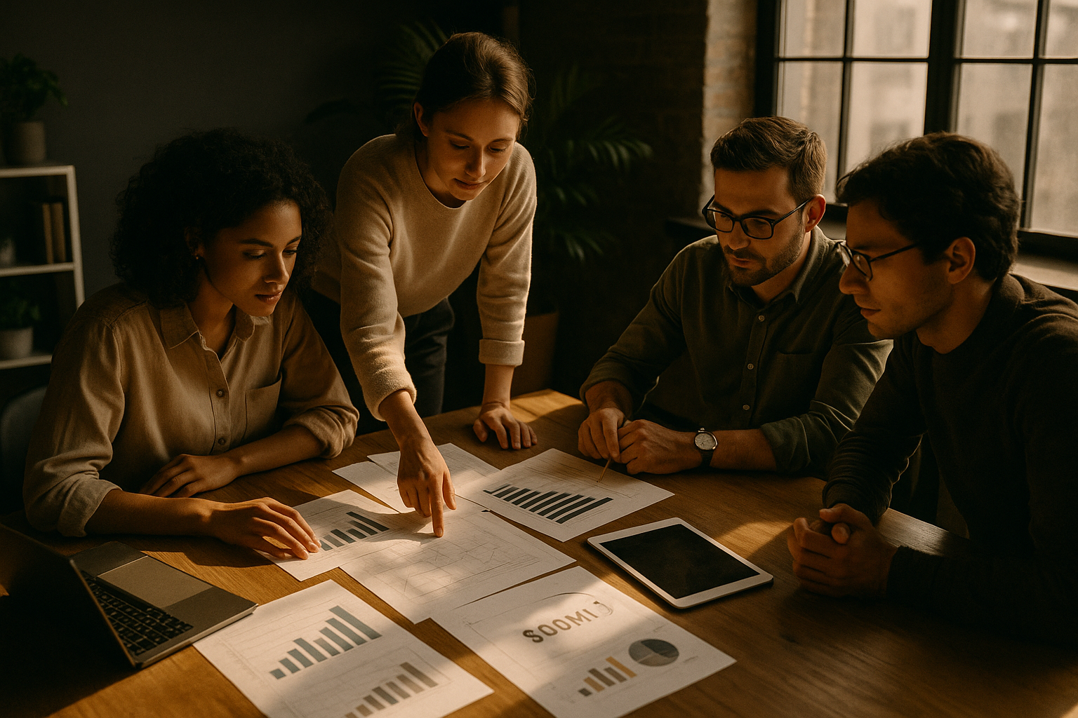 Candid group collaborating with charts and devices in a modern, sunlit co-working loft.