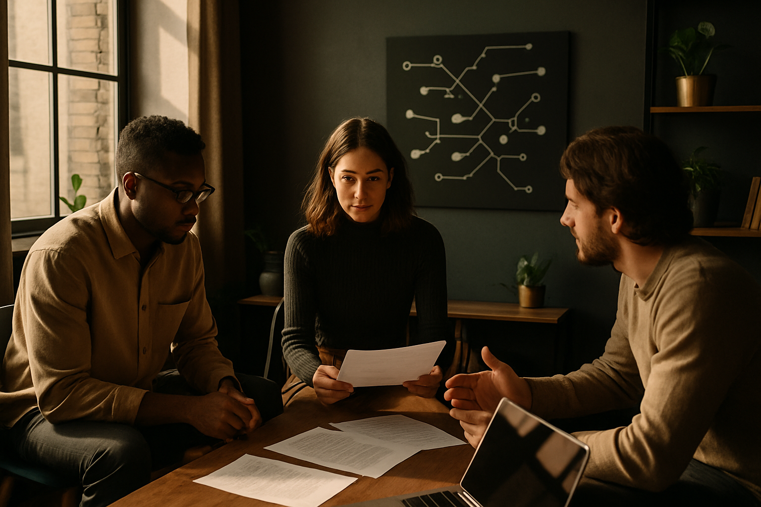 Candid group discussing papers in a modern loft with warm tones, wooden surfaces, and abstract wall art.