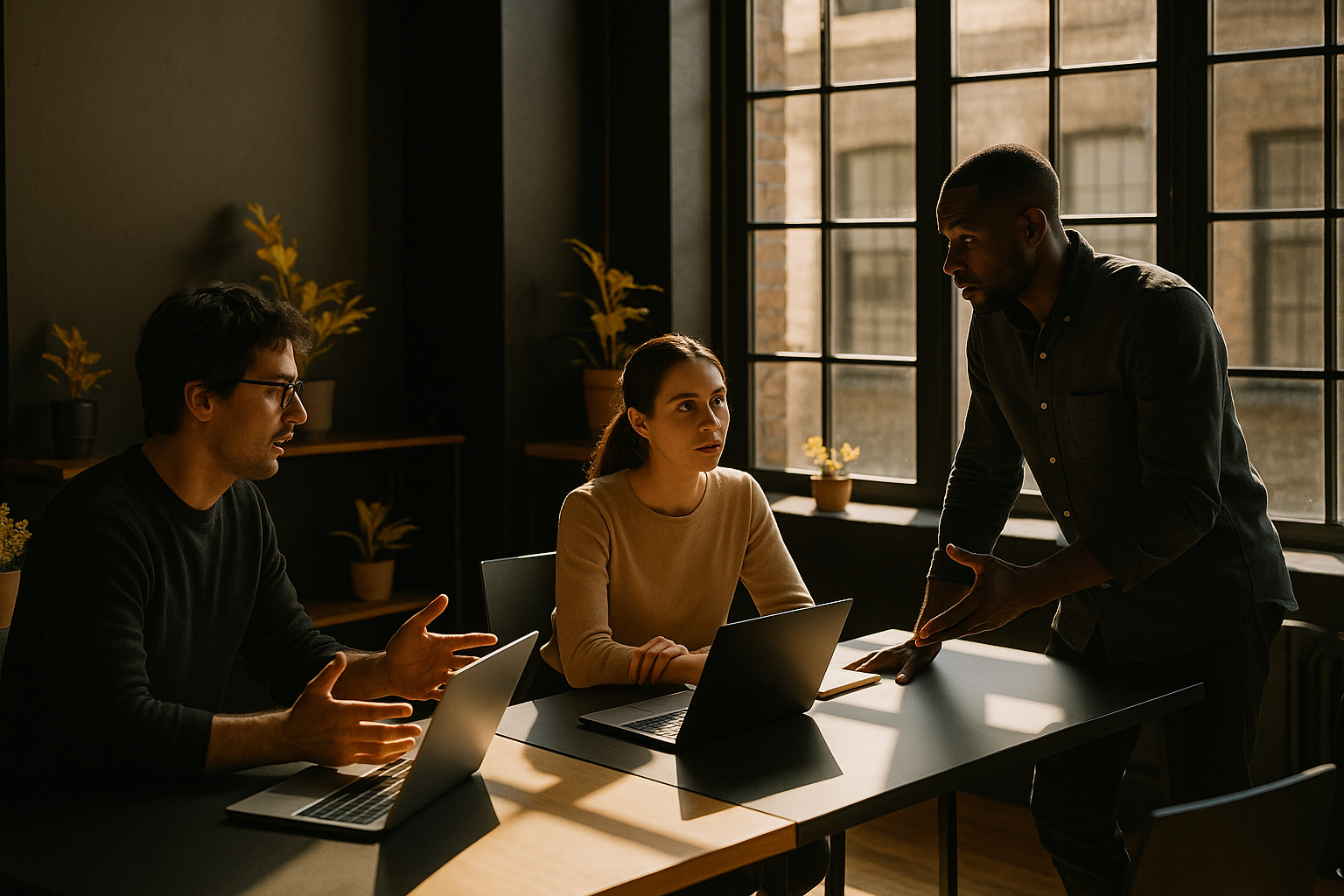 Candid group of people conversing in a modern, sunlit co-working loft with sleek furniture and natural accents.