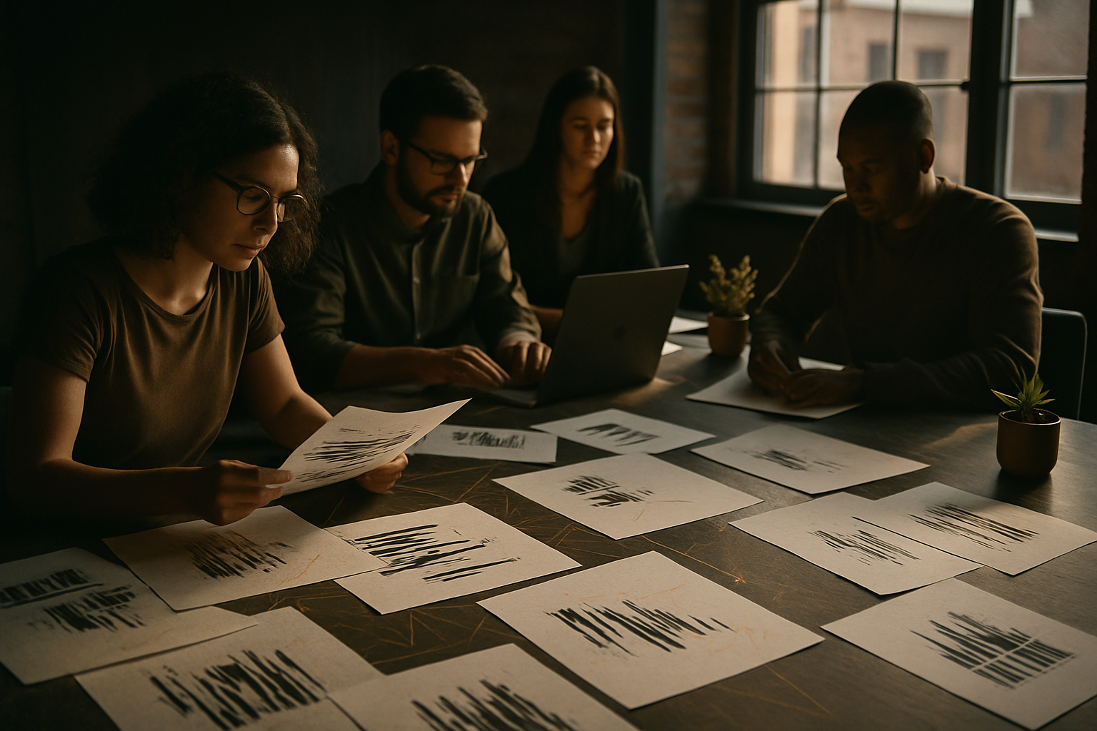 Candid group of professionals in a modern loft with abstract barcode patterns and warm accents.